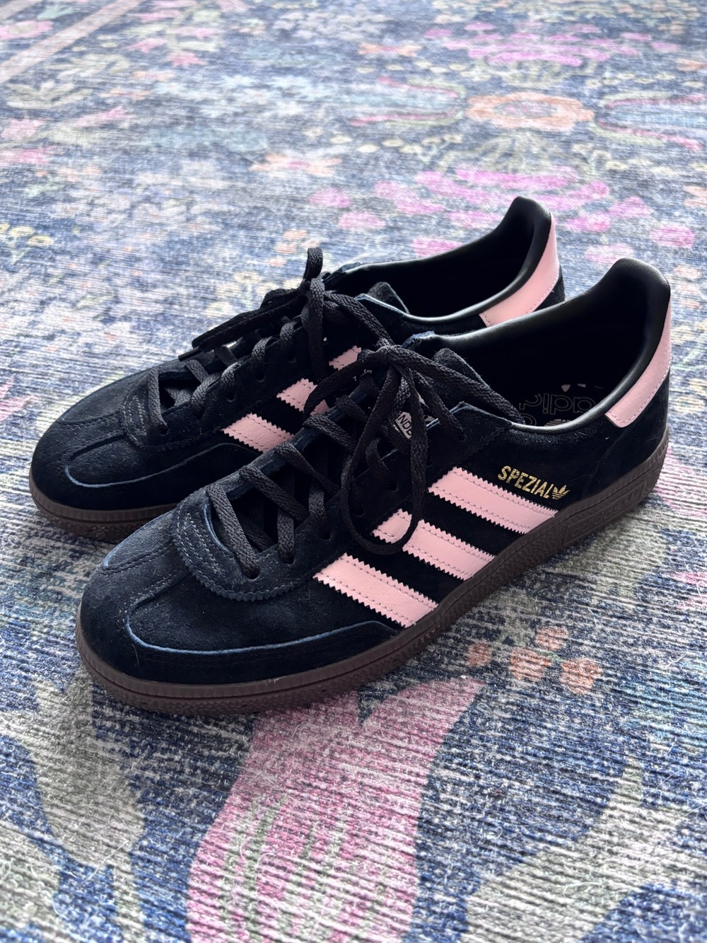 Adidas Spezial Black Suede Sneakers with Pink Stripes